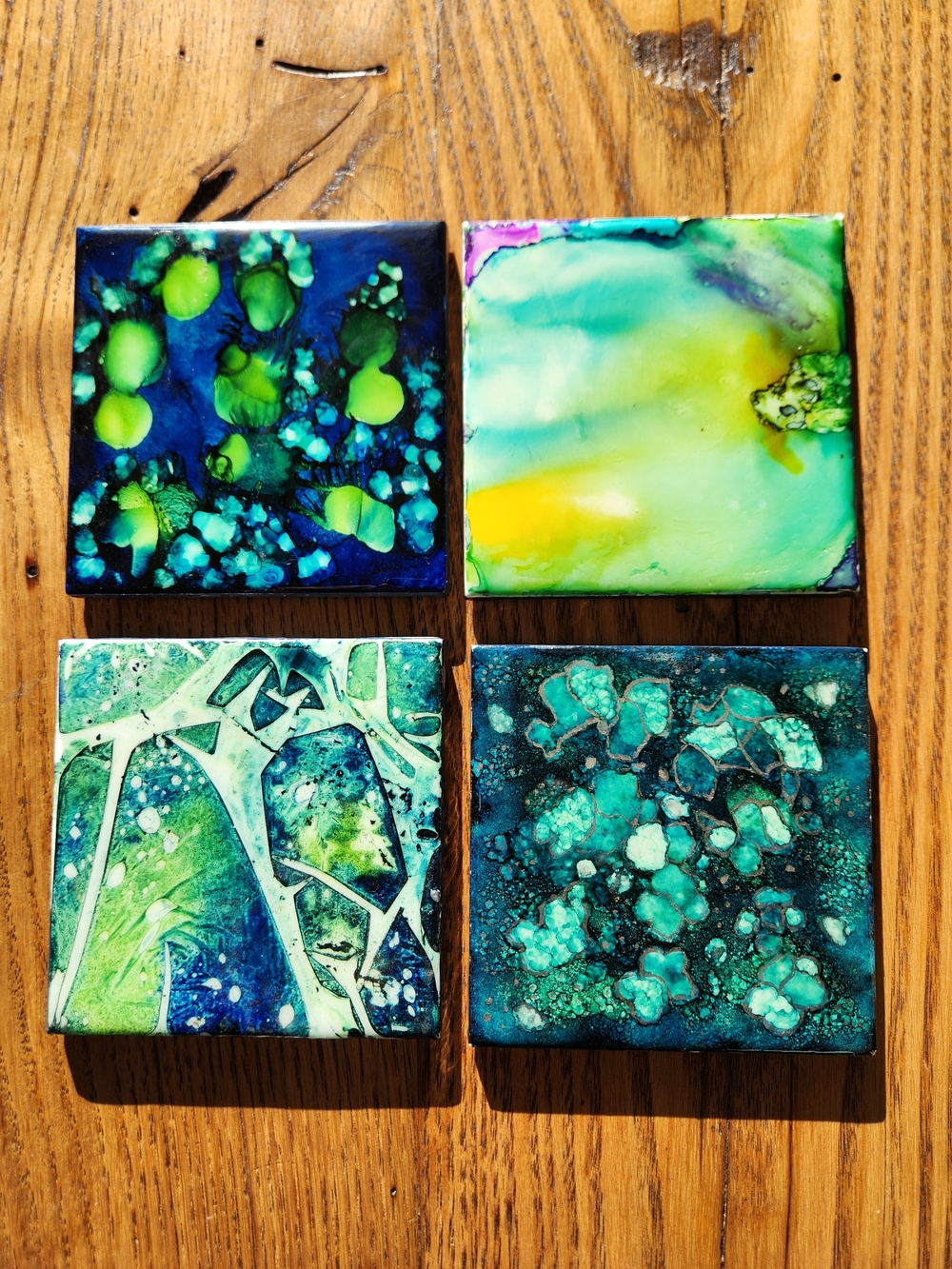 Ceramic Tile Coasters Abstract Resin Home Art - Green & Teal Set of 4